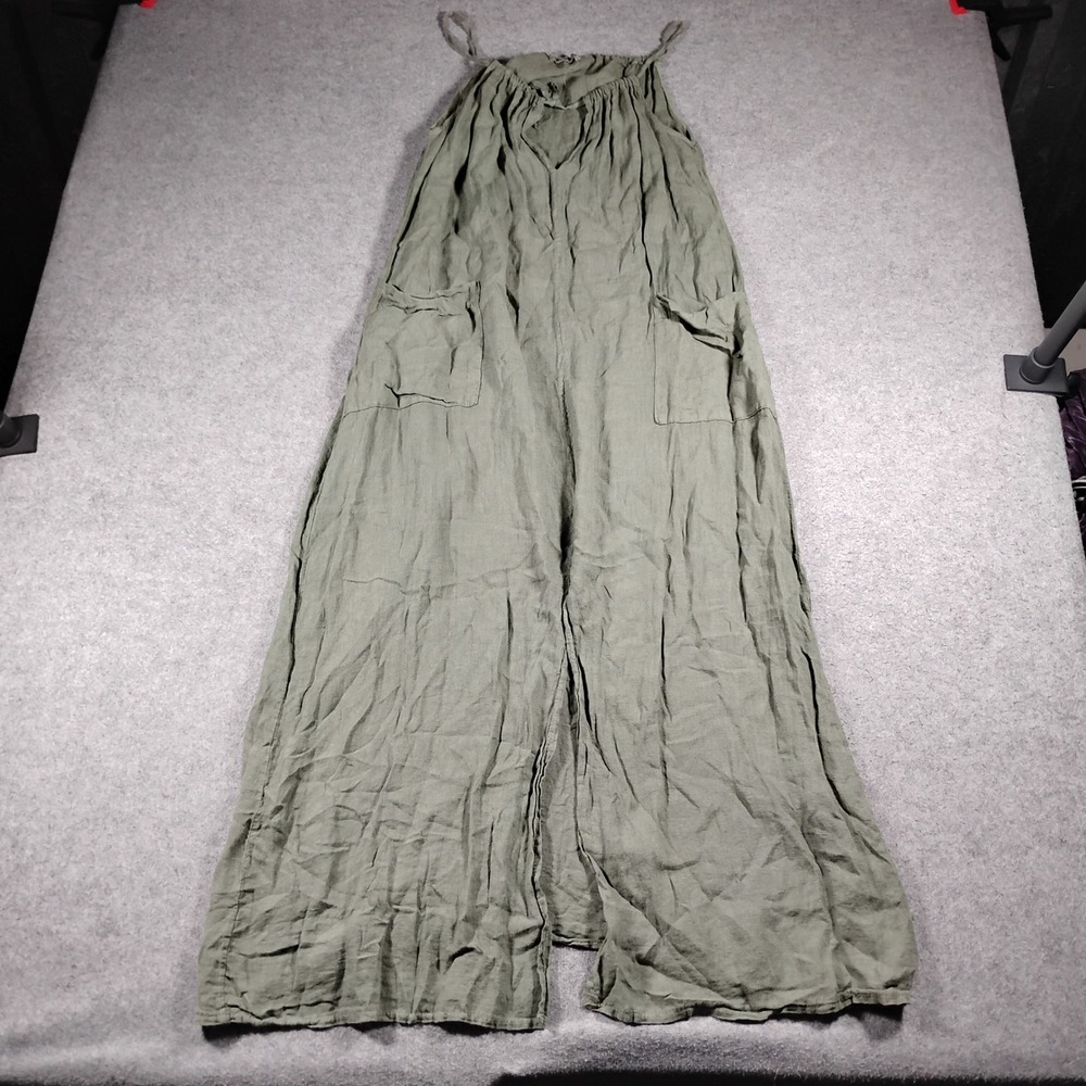 Meo Meli Women Olive Green 100% Linen Sleeveless Halter Maxi Dress Size One Size